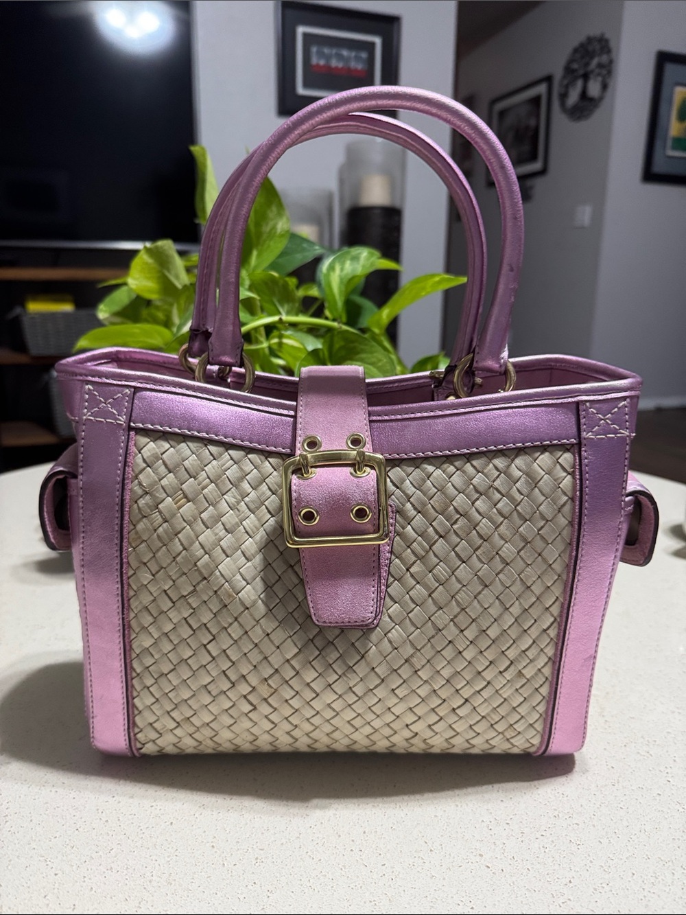 Coach Woven Satchel in Pink and Beige